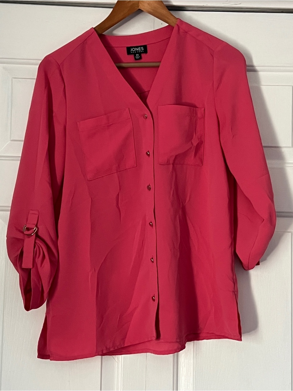 Jones New York Bright Pink Button-Front V-Neck Blouse